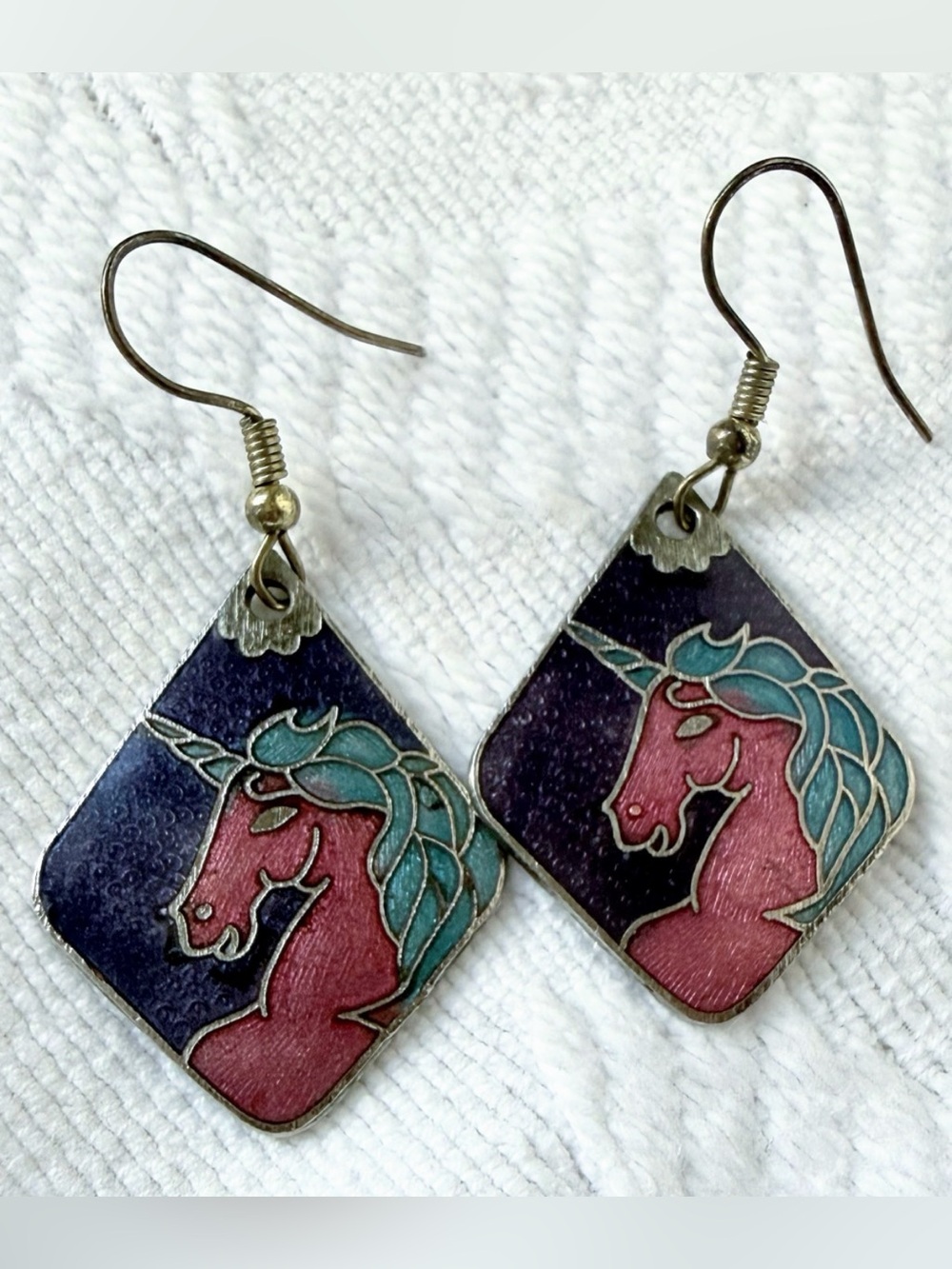 80s Cloisonne Unicorn vintage Dangle Earrings